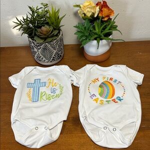Two New Infant Boy’s Embroidered Easter Themed Onesies with different themes.